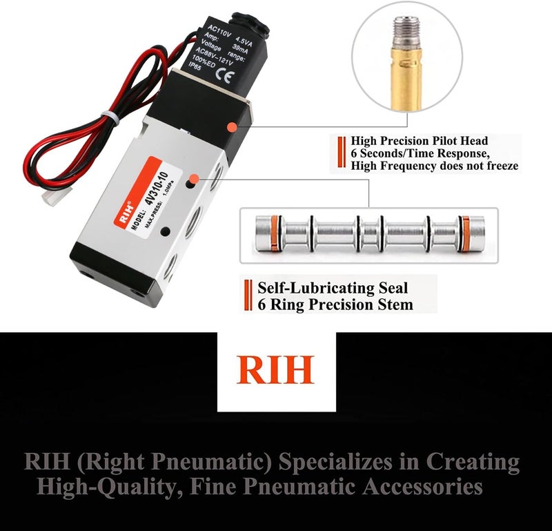 RH Pneumatics Solenoid Valve 4V310-10 12V/24V/110V Series Single Coil Pilot-Operated Electric 2 Position 5 Way Connection Type (AC110V/Out of line, 3/8"NPT) - Image 4